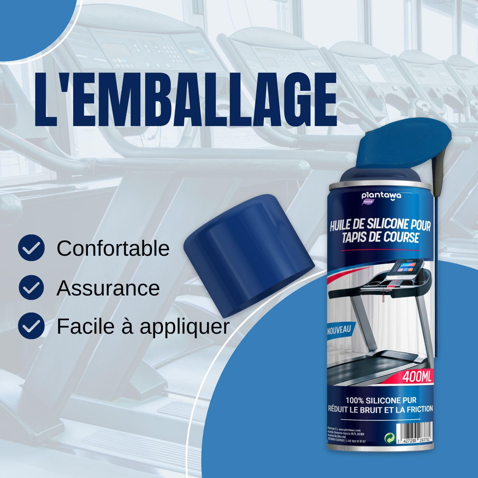 Plantawa Spray lubrifiant pour tapis de course 400 ml | Lubrifiant en silicone pour tapis de course. Idéal pour gymnases, tapis de course. Application précise. Convient à tous les tapis de course.