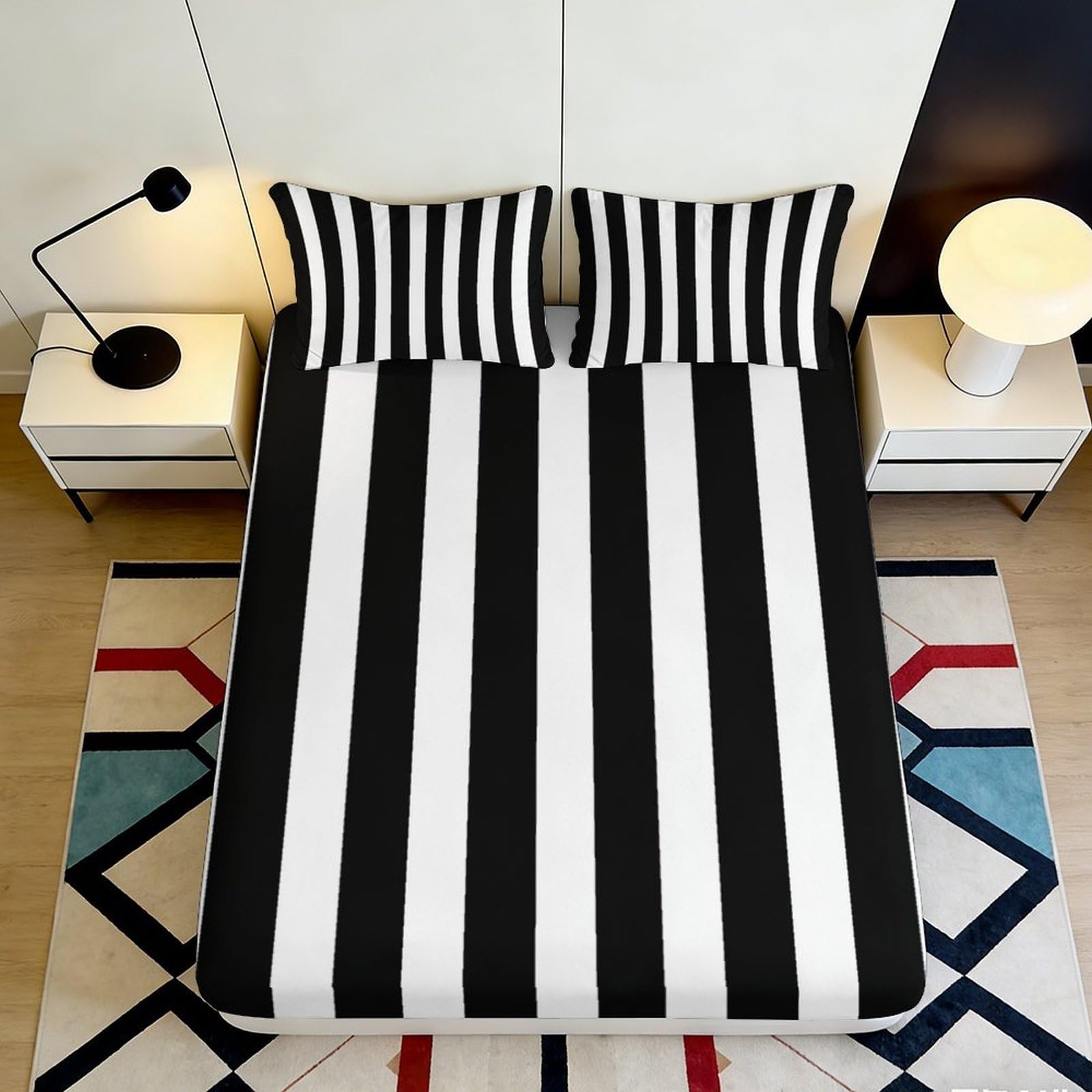 3D Printed Black and White Striped Fitted Sheet Microfiber Soft Breathable Monochrome Bed Cover for Bedroom Dormitory Guest Room Mattress Protection 140x200x25cm