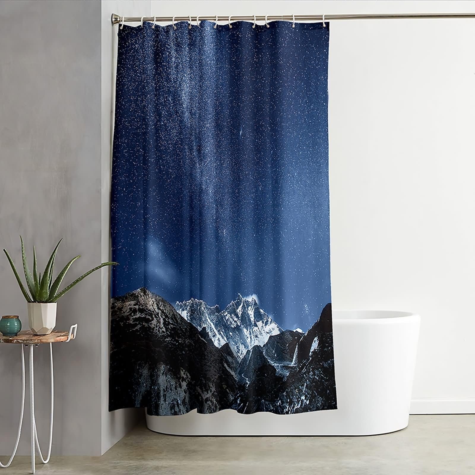 Duschvorhang 180X200, Duschvorhang Textil Waschbar Dunkelblaugrau Sternenhimmel und Berge Schöner Duschvorhang