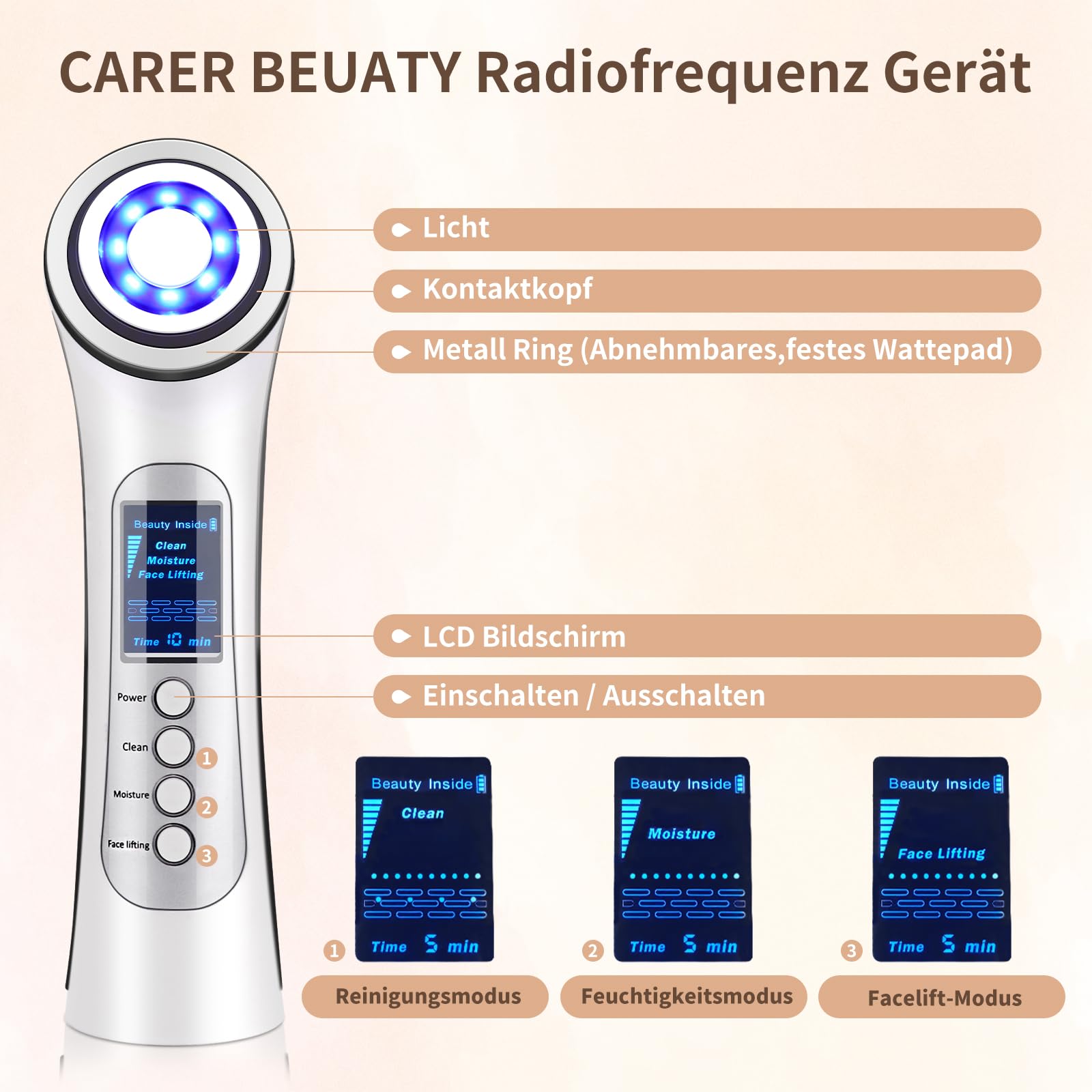 CARER BEAUTY Gesichtsmassagegerät Gegen Falten 5 in 1 Radiofrequenz Gerät Gesicht mit 2 LED Lichttherapie RF Vibration Ion für Anti Falten&Aging Akne Entferne Gesichtpflege Tiefenreinigung