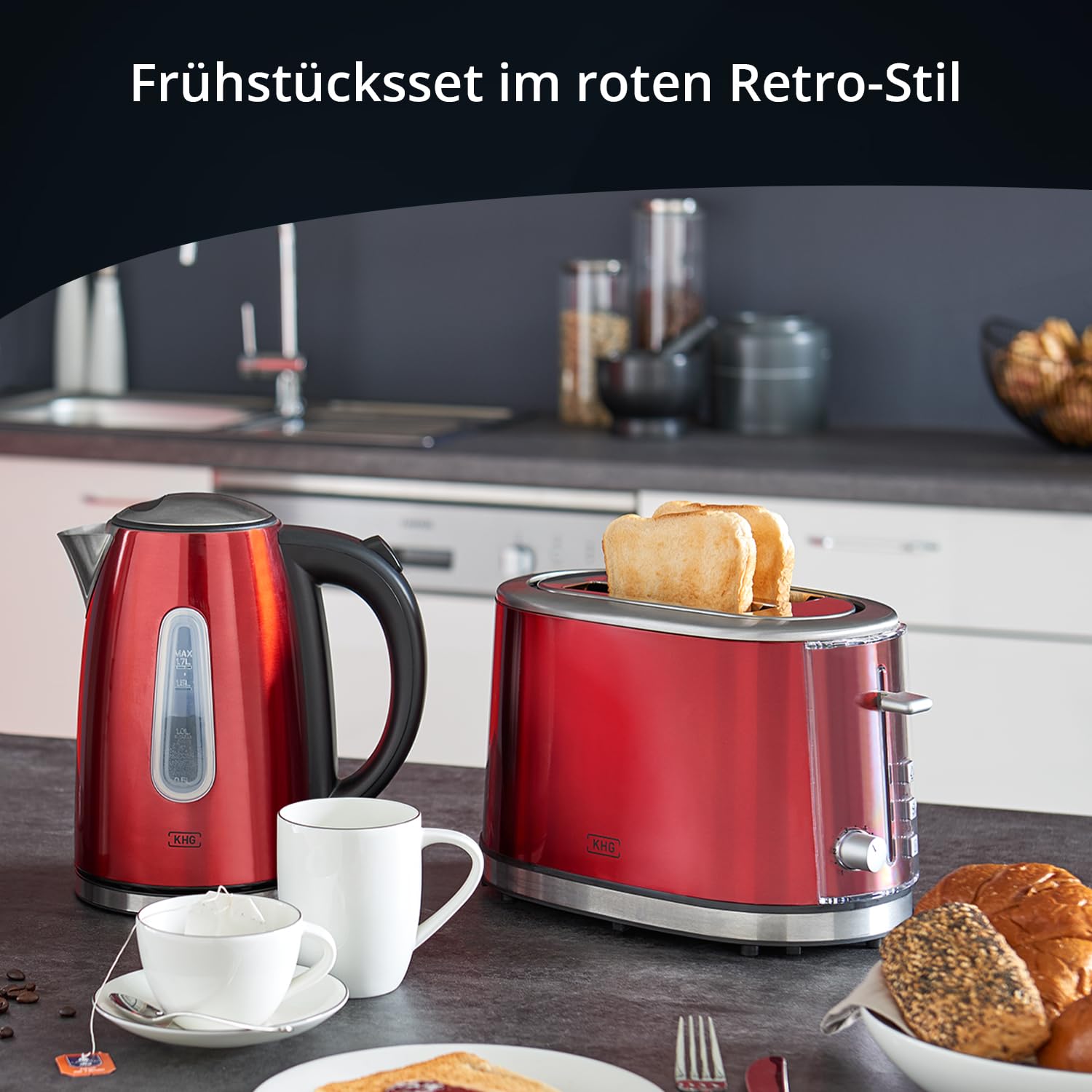KHG Frühstücksset Wasserkocher Toaster Rot Edelstahl Metallic Chrom 1,7l 2 Toastscheiben