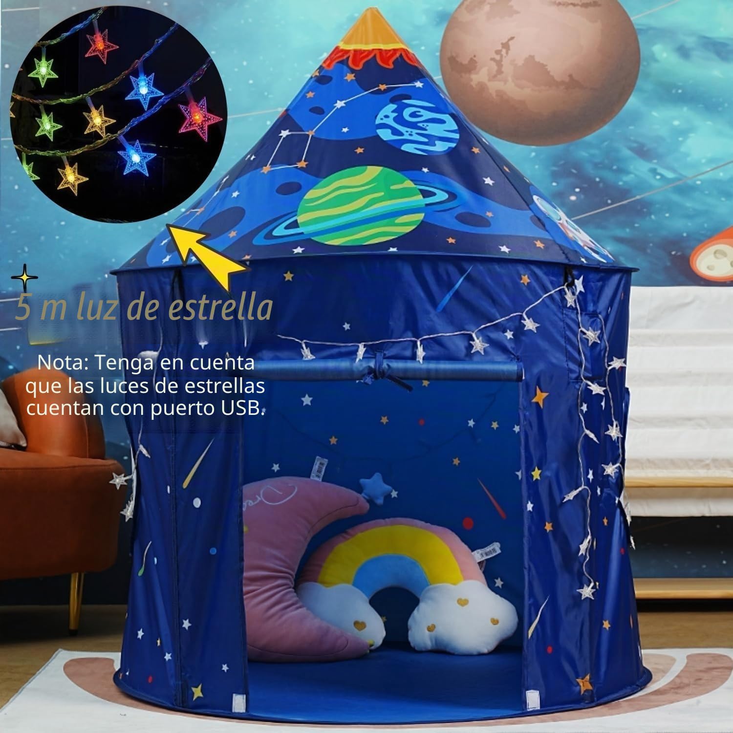 Cohete Espacial Azul Tienda de campaña para niños, Tienda campaña Infantil, Casitas Infantiles Tela Plegable, Interior y Exterior