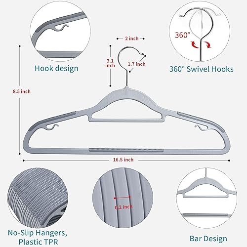 Miniatura 4 de ABHENG Perchas para abrigos, paquete de 50 perchas de plástico resistentes, perchas duraderas con diseño antideslizante, gancho giratorio de 360,