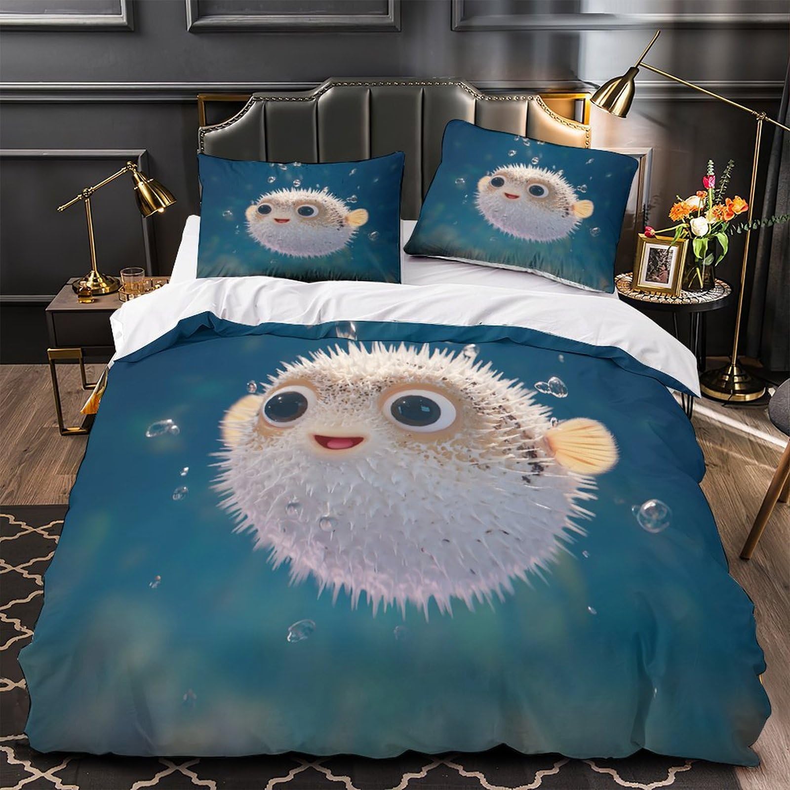 Housse de couette poisson-globe hypoallergénique et super douce 140x200