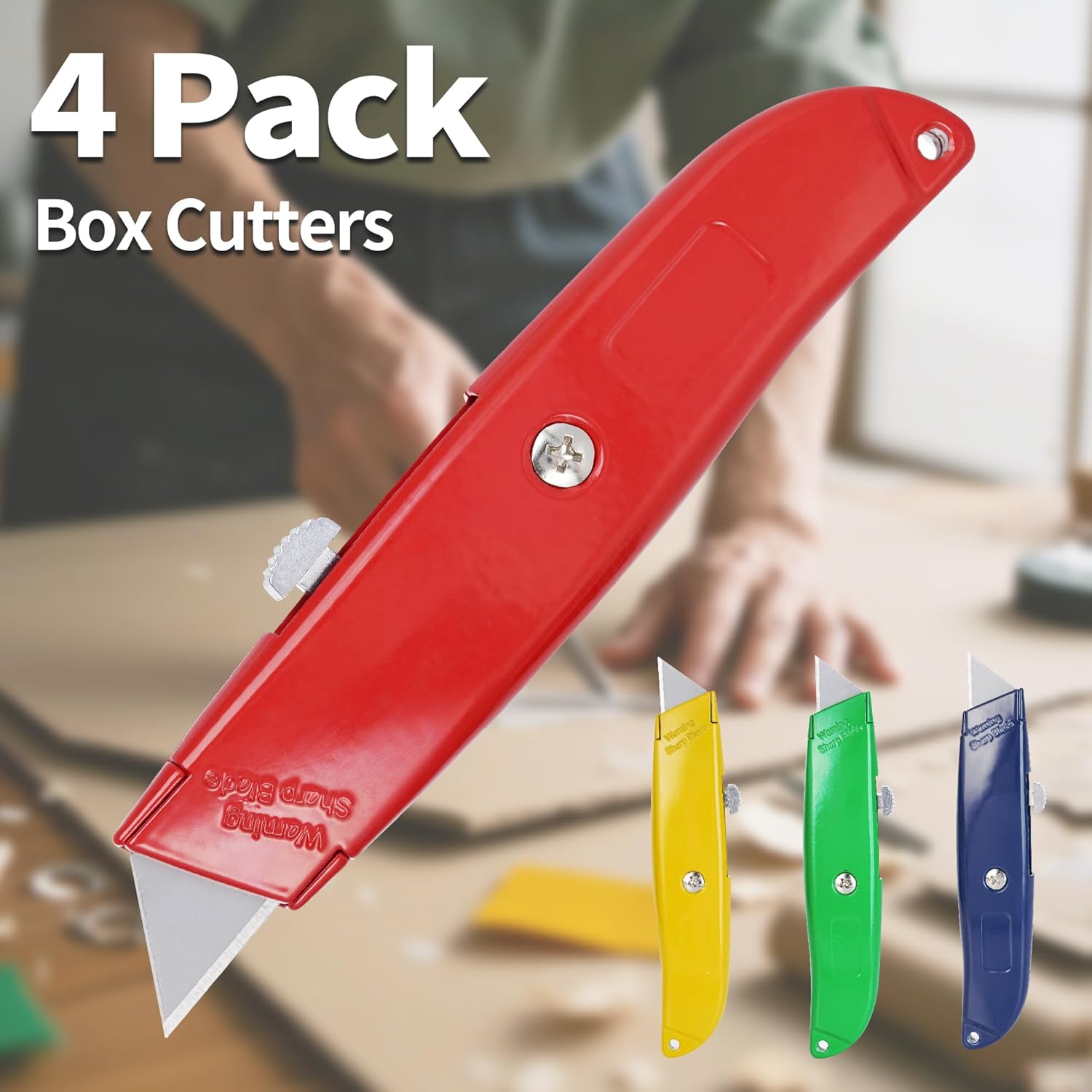 Vivicreate 4 Pack Folding Box Cutter Heavy Duty Utility Knife Sharp Retractable Blade Comfortable Handle Quick Change for Cutting Drywall Plastic Linoleum Boxes Rope Professional Opener Home Office