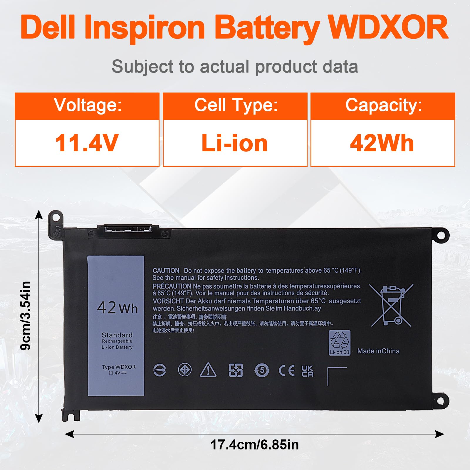 JIMACRO WDX0R Bateria kompatybilna z Dell Inspiron 13, 15, 5000, 7000, Series 5570, 7579, 7570, 7378, 5567, 7573, 5565, 5379, 5378, Latitude 3490, 3590, 3340, 3400, 333400, 333400, 33378, 78 39 0 390