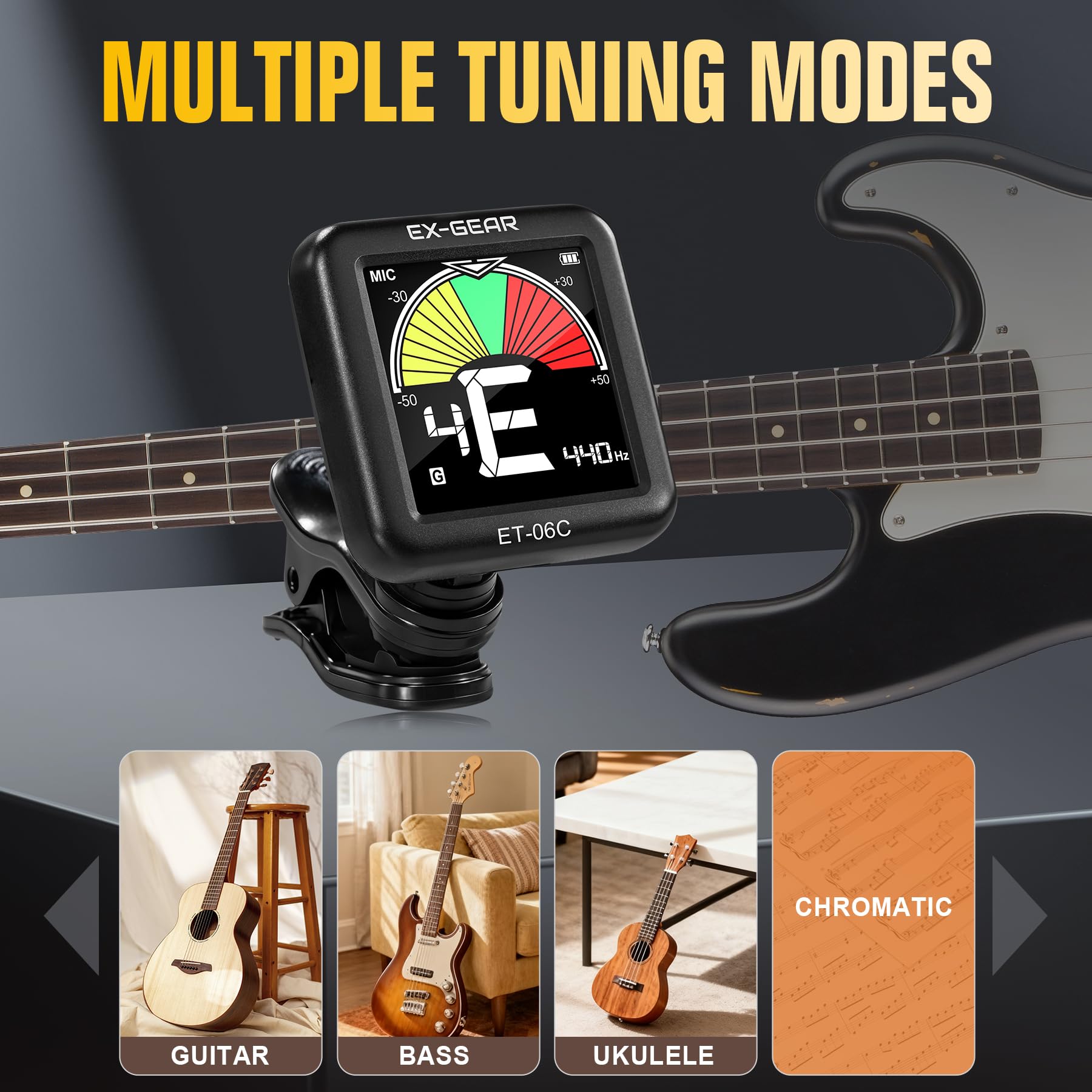 Afinador de guitarra profesional con clip, giratorio de 360° recargable, afinador de guitarra acústica con pantalla LCD grande, afinación rápida y precisa para guitarra, violín, bajo, ukelele