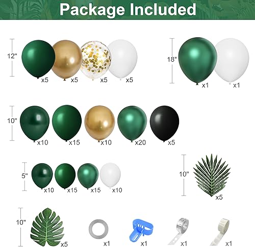 Miniatura 3 de Juego de guirnalda de globos verdes de safari de selva, 150 unidades, color verde esmeralda oscuro y dorado, hojas de palma tropicales para safari,