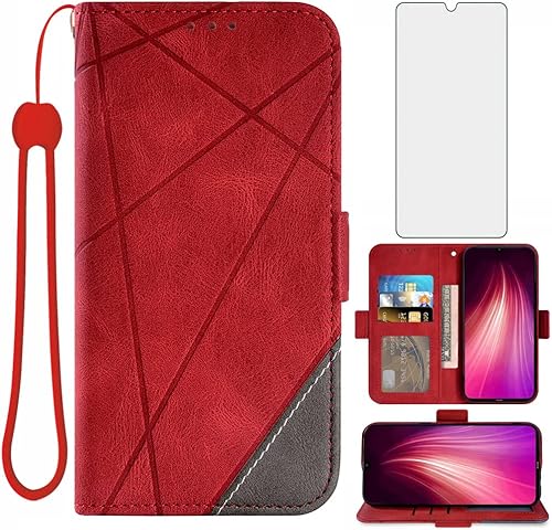 Asuwish Compatible con Xiaomi Redmi Note 8 - Funda tipo cartera y protector de pantalla de vidrio templado, cordón de cuero, soporte magnético para
