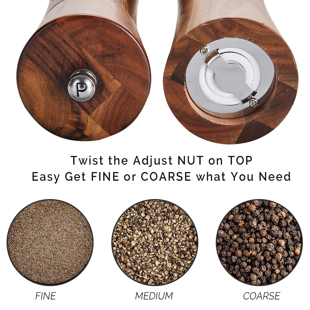 Wooden Salt And Pepper Grinder Set With Tray - 8-Inch Acacia Wood Mills, Adjustable Coarseness