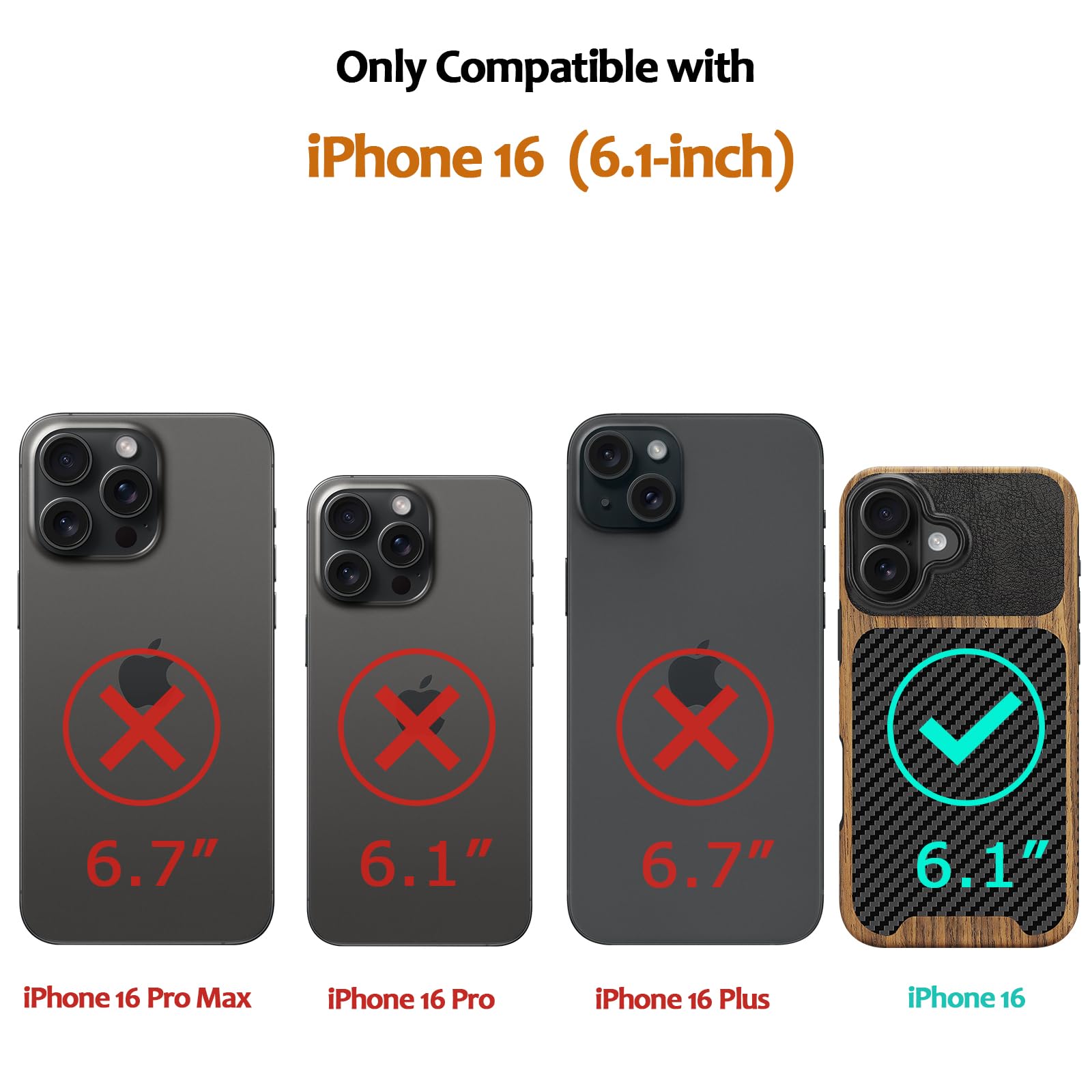 Cover Magnetica per iPhone 16 Compatibile con Magnetica, Custodia in Legno con Carbonio e Pelle Design Protezione Antiurto Cover Compatibile con iPhone 16 (Nero)