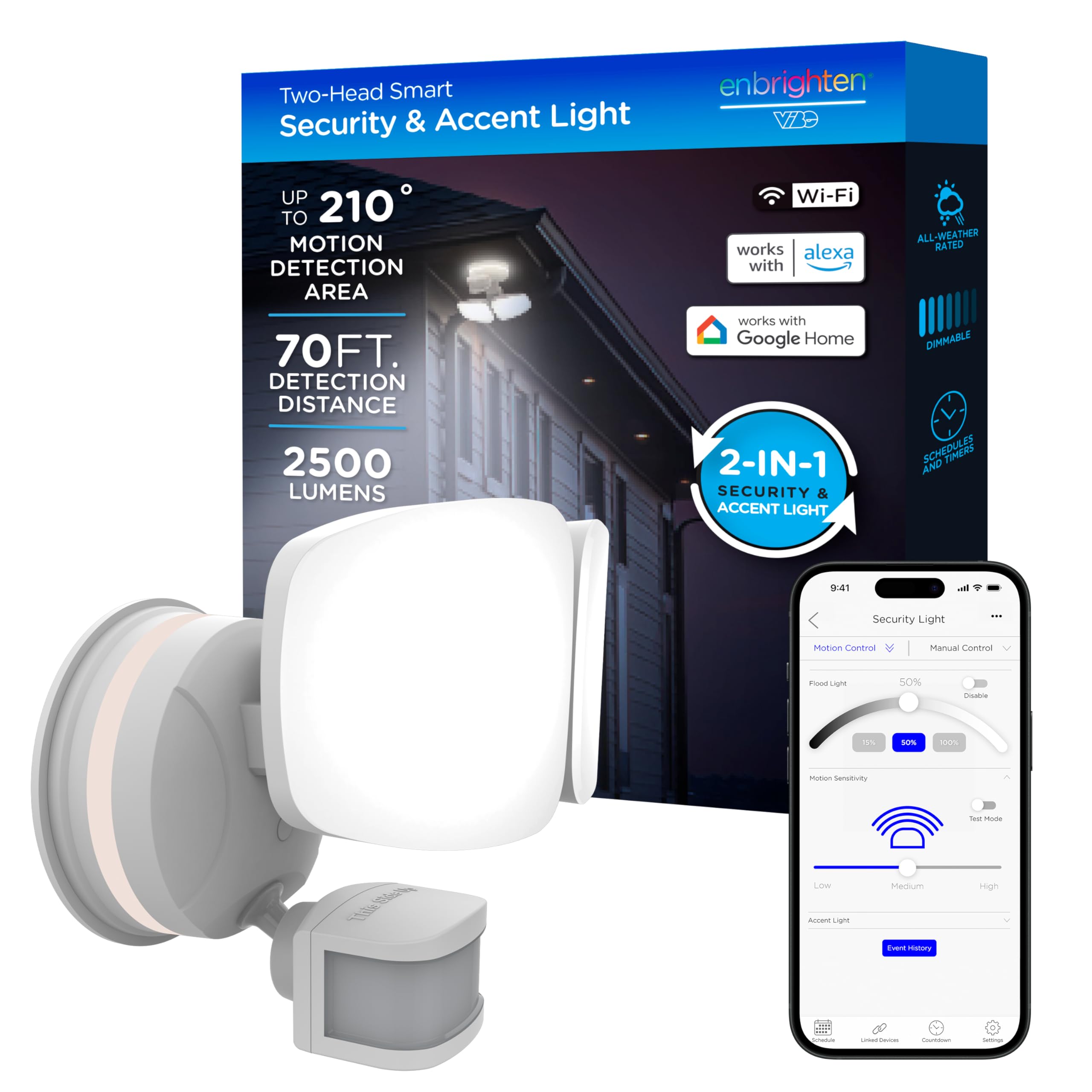 ETL Listed, UV Resistant, 2500 Lumens, 4000K, Works with Alexa, Google Home, White, 58242 Enbrighten Vibe Smart LED Security Light, Motion Activated, Dual Head