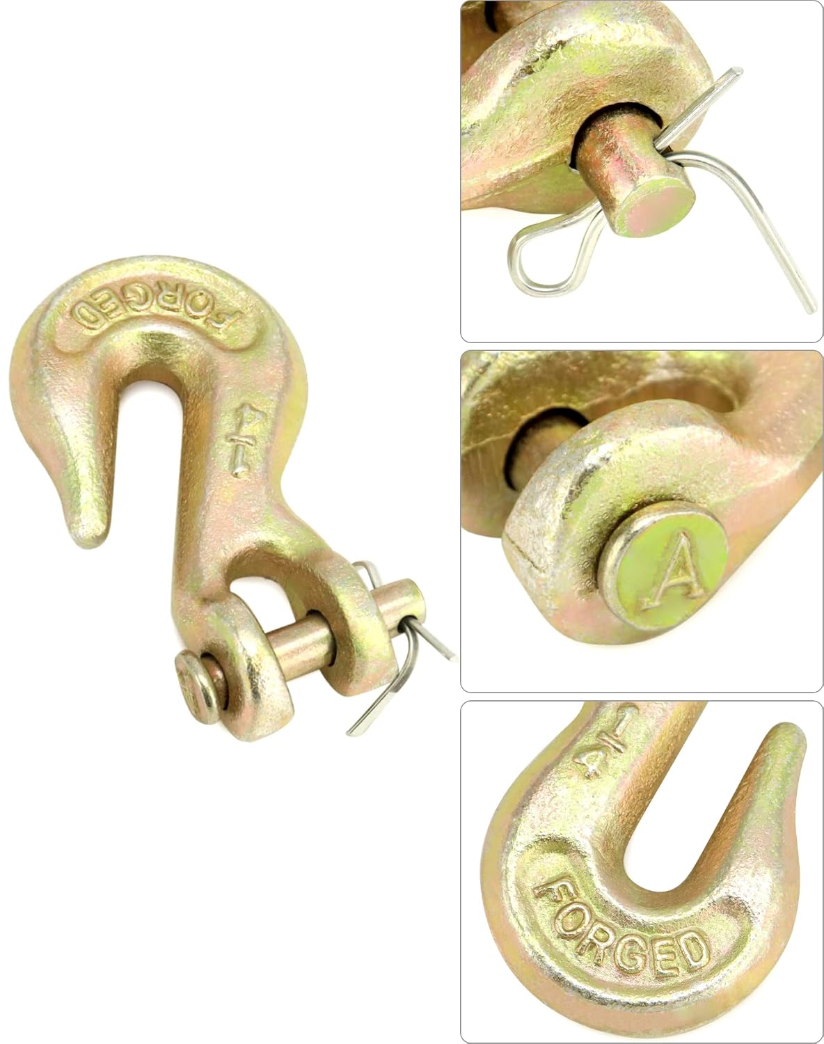 QWORK 4 Pack 1/4" Grade 70 Clevis Grab Hook, 3600 lbs Transport Chain Hook, Yellow Chromate Finish Safety Hook