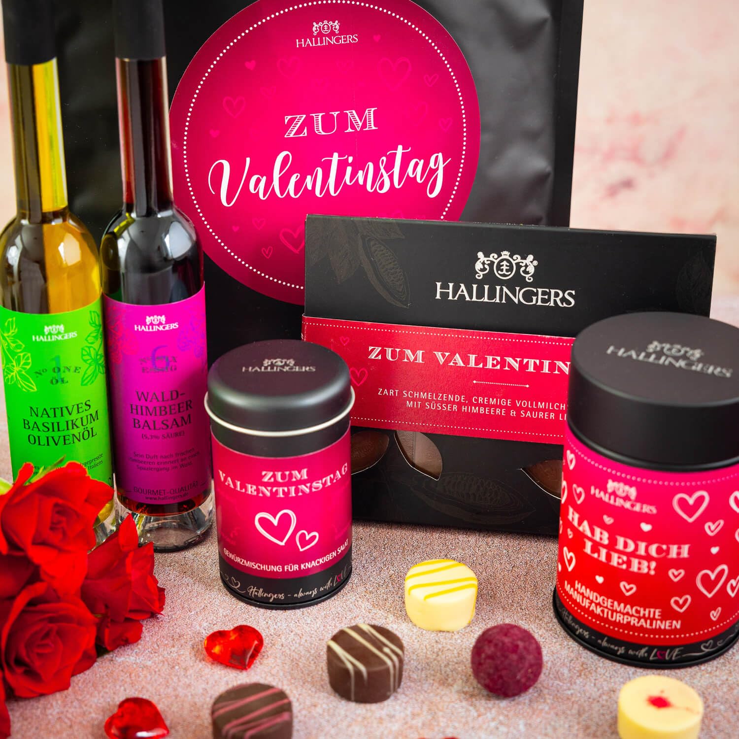 Hallingers Genuss Manufaktur Feinkost Valentinstagsgeschenk-Set - XXL-Wundertüte "Zum Valentinsta..." großer Liebesgruß Pralinen, Gewürz, Olivenöl, Himbeeressig & Schokolade, Valentintstag für Frauen
