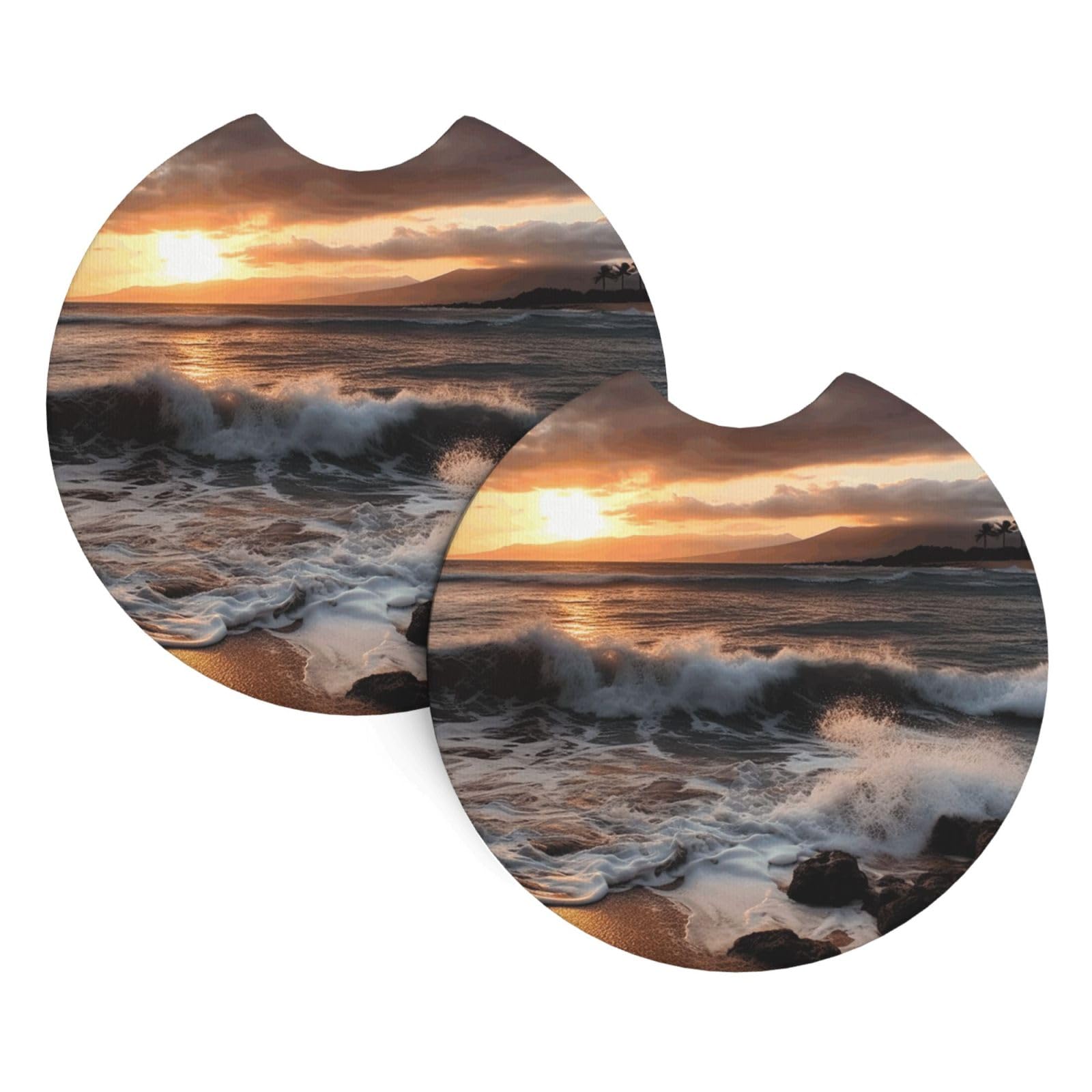2PCS Car Coaster for Cup Holders Universal Auto Cup Mat Beach Sunset Sea Waves Cup Coaster Pad 2.7" Waterproof Neoprene Non-Slip Cup Holder Coasters Car Interior Accessories for Women Men