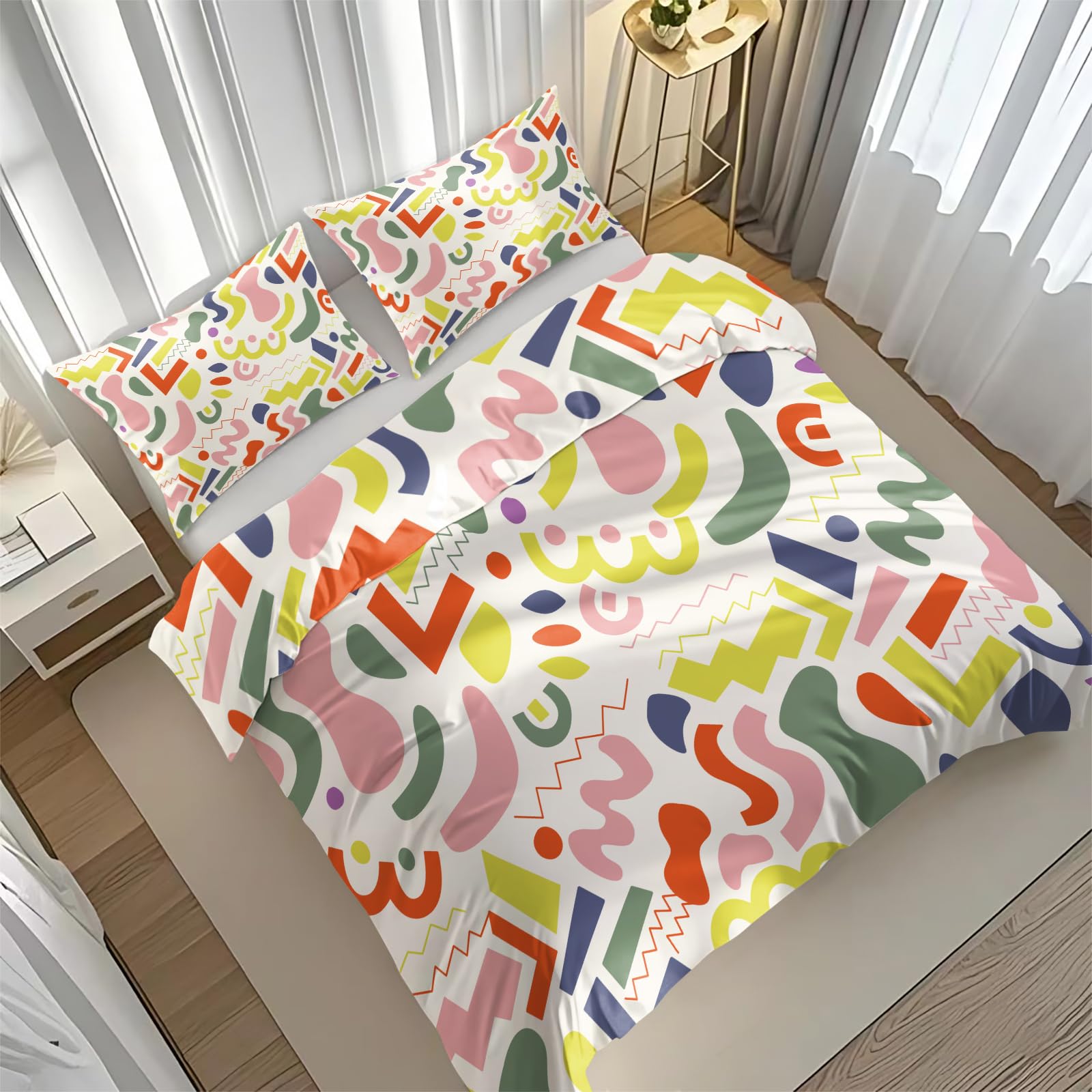 Housse de couette 200x200 géométrie pastel avec 2 taies d'oreiller