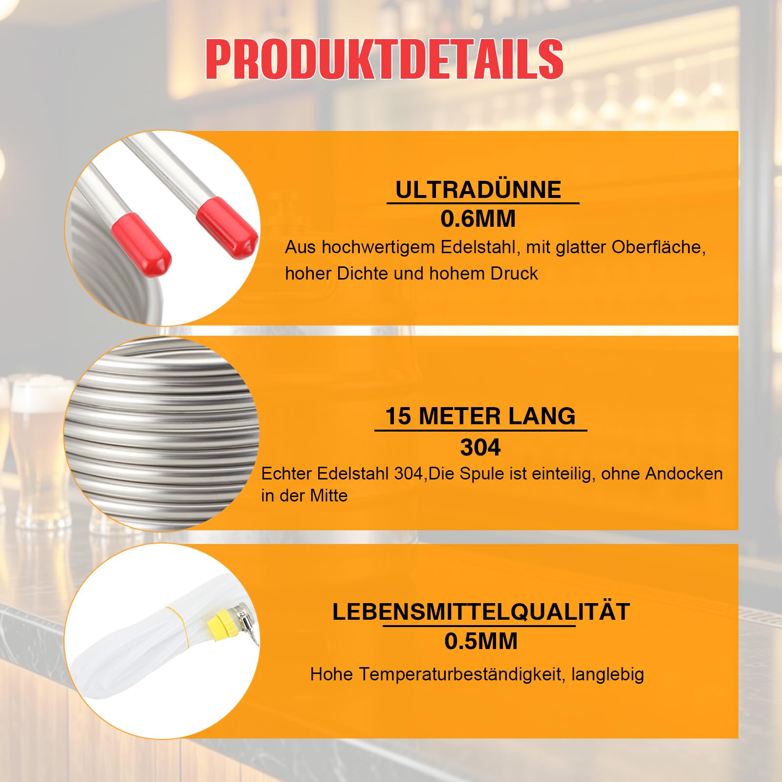 Kühlspirale Eintauchkühler Kühlschlange Ø23cm, Edelstahl Maischekühler Kühlspirale zur Kühlung von Bier, Kühlrohr Würzekühler Maischekühler mit 2* Silikonschläuche, 2* Verbindungsstücke