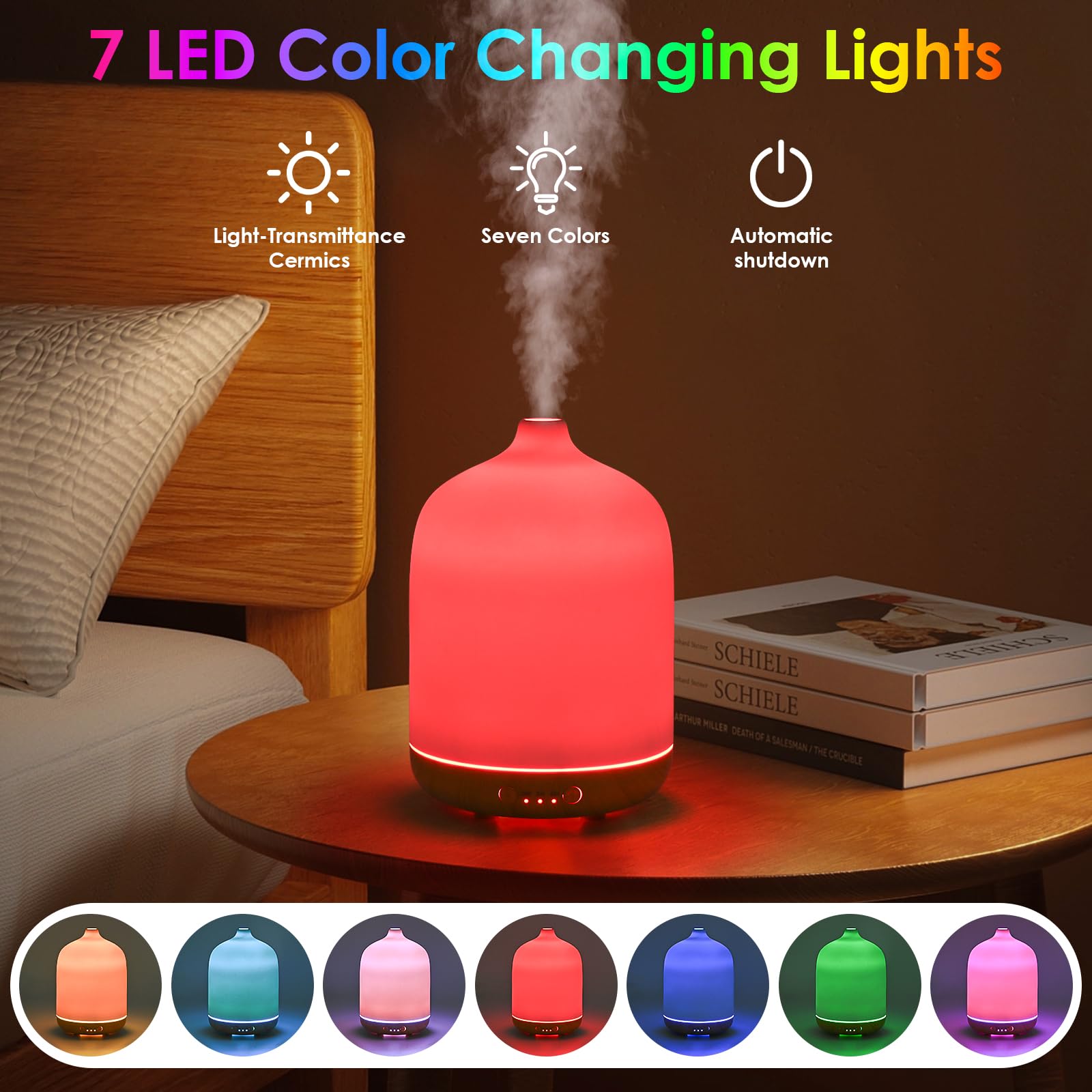 Dreamhigh® Diffusore di Oli Essenziali 250ML, Ceramica Ultrasuoni Diffusore Profumo Ambiente, 7 Diverse Luci Mutevoli/Spegnimento Automatico, Umidificatore Ambiente -per Spa,Yoga,Camera da Letto