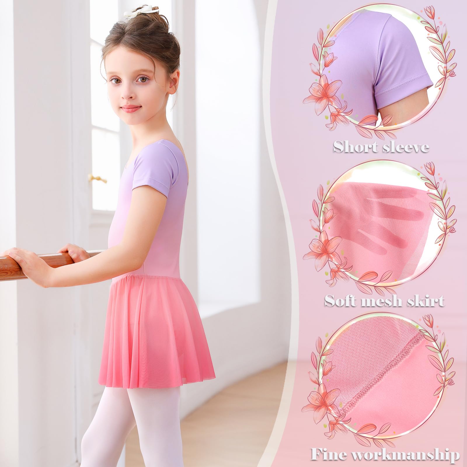 Bezioner Ballettkleidung Mädchen Ballettkleid Kinder Kurzarm Tanzkleid Gradient Ballett Trikot Ballettanzug mit Rock Rosa