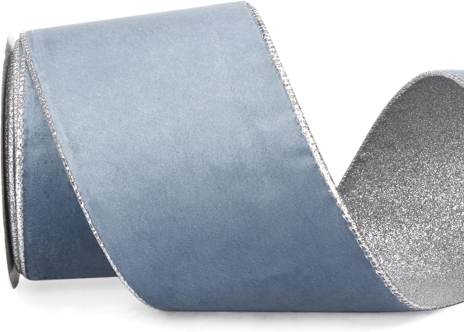 Ribbli Dusty Blue Velvet Wired Ribbon 4 Inch Dusty Blue Velvet with Silver Glitter Christmas Ribbon for Christmas Tree Decoration Big Bow Gift Wrapping Crafts Wreaths Supplies- 10 Yards