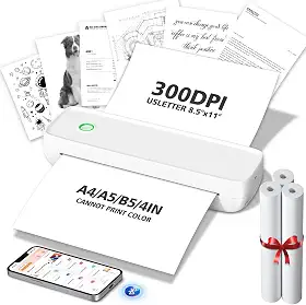 MinZhi Impressora térmica portátil, sem fio, suporta 21,6 cm x 28 cm, papel A4 e A5, Bluetooth sem tinta, compatível com Android, iOS e laptop, para escritório, viagem, casa