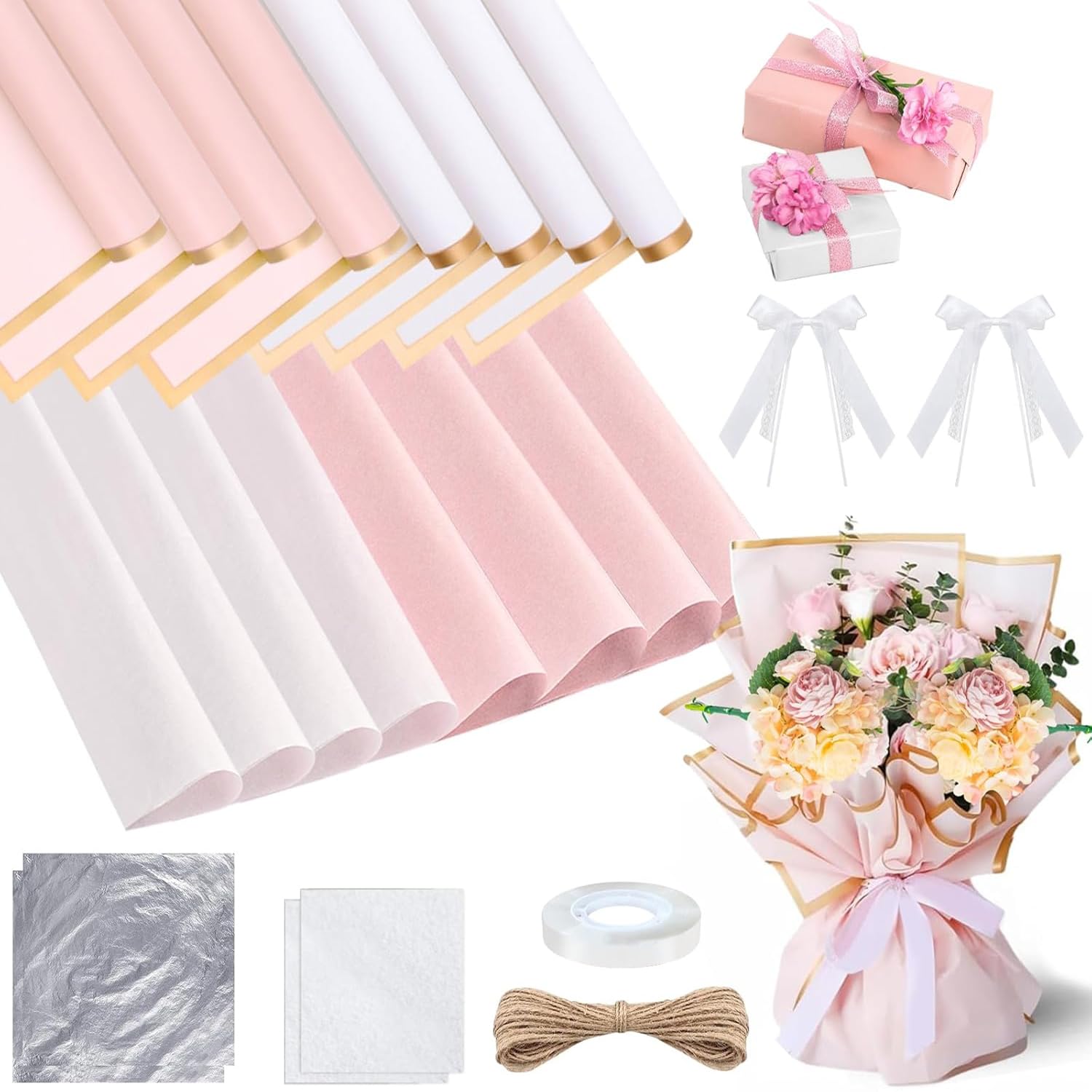 16 Sheets Flower Wrapping Paper, Gold Border Design, Ribbon (Pink & White)