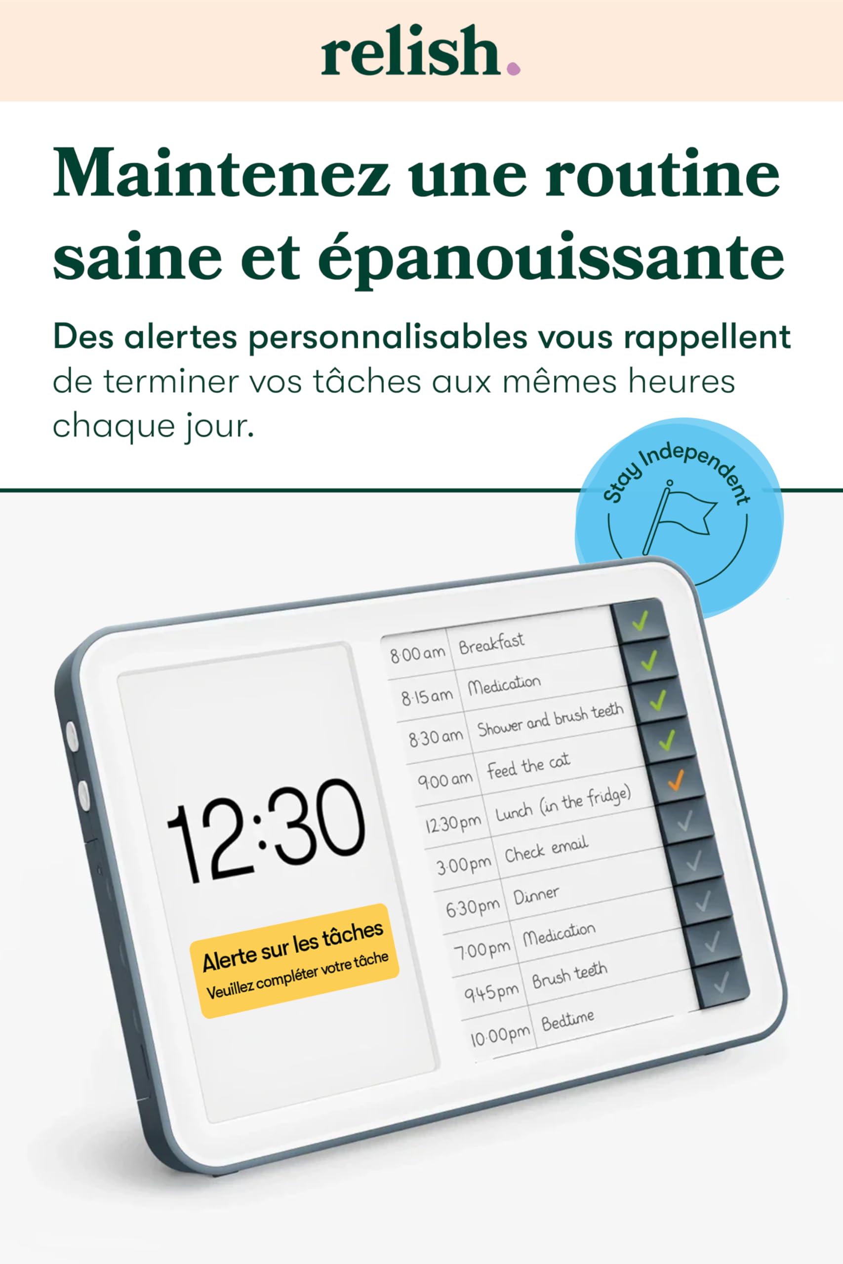 Relish - Horloge numérique avec concentrateur de tâches quotidiennes, calendrier avec jour, date et heure, grand écran clair