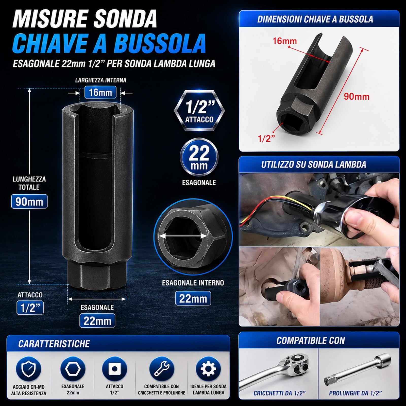 topolenashop Chiave a Bussola Esagonale 22mm 1/2” per Sonda Lambda Lunga – Utensile Professionale per Sensore Ossigeno Auto e Moto in Acciaio Cr-V – Strumento per Rimozione Sonda Codice 134422