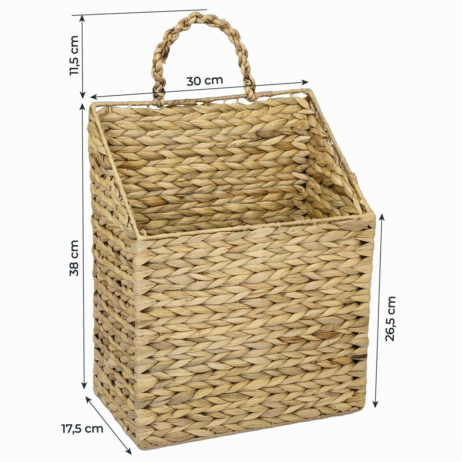 HMF Panier suspendu en jacinthe d'eau tressée pour journaux | 30 x 17,5 x 38 cm