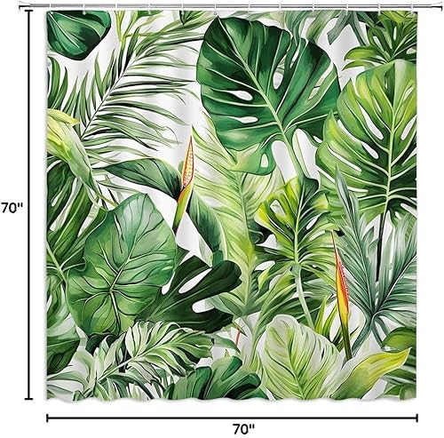 Miniatura 6 de Cortina de ducha con hojas verdes tropicales, hojas de palmera, monstera, plátano, selva, acuarela, juego de cortinas decorativas con ganchos, 70