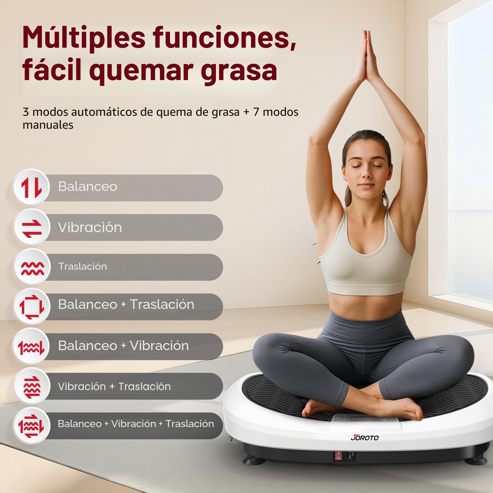 JOROTO JV50/JV60 Plataforma Vibratoria 4D para Hogar, con 3 Motores, 10 Programas & 120 Niveles, Altavoz Bluetooth, Luces LED para Entrenamiento Corporal Completo, Capacidad de Carga Máxima de 158KG