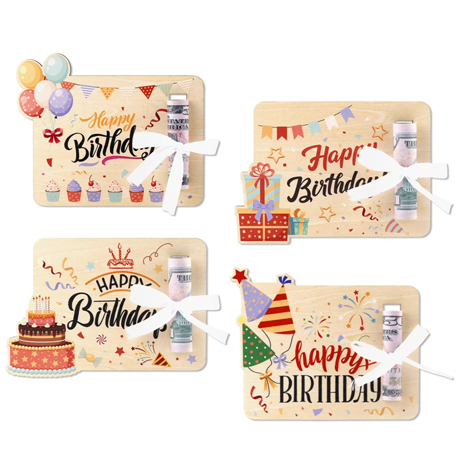 FOSDICK 4 Pieces Wooden Birthday Money Wallet, Fun Wooden Money Wallets for Cash Gifts, Creative Greeting Cards for Special Occasions, Birthday Presents for Men Women Boys Girls