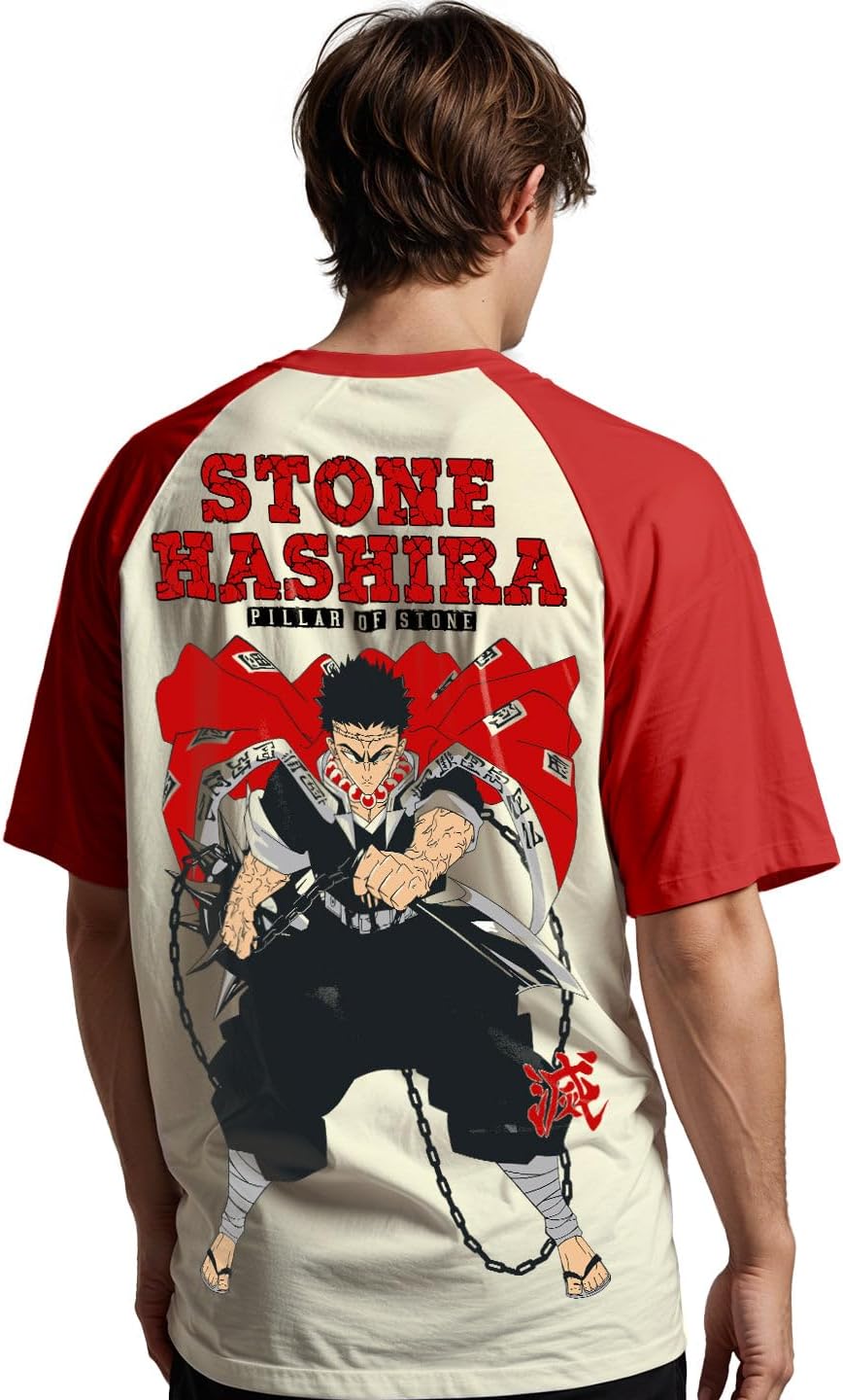 crazymonk Men's Cotton Printed Stone Hashira Oversized Half White T-Shirt