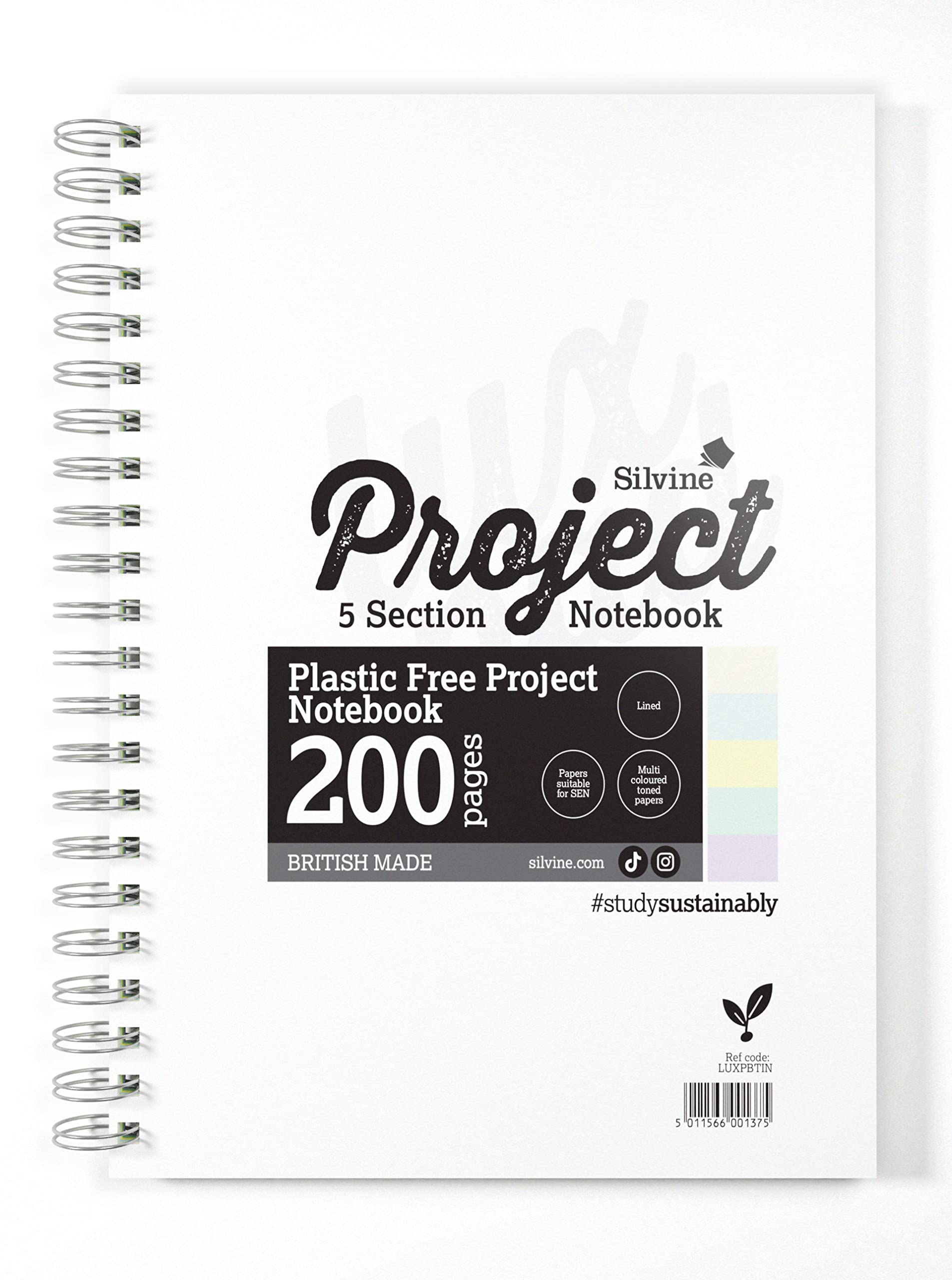 Silvine A4+ Dyslexia Tinted Paper Project Book - 5 Sections Lined with Margin (200 Pages), Assorted Colours