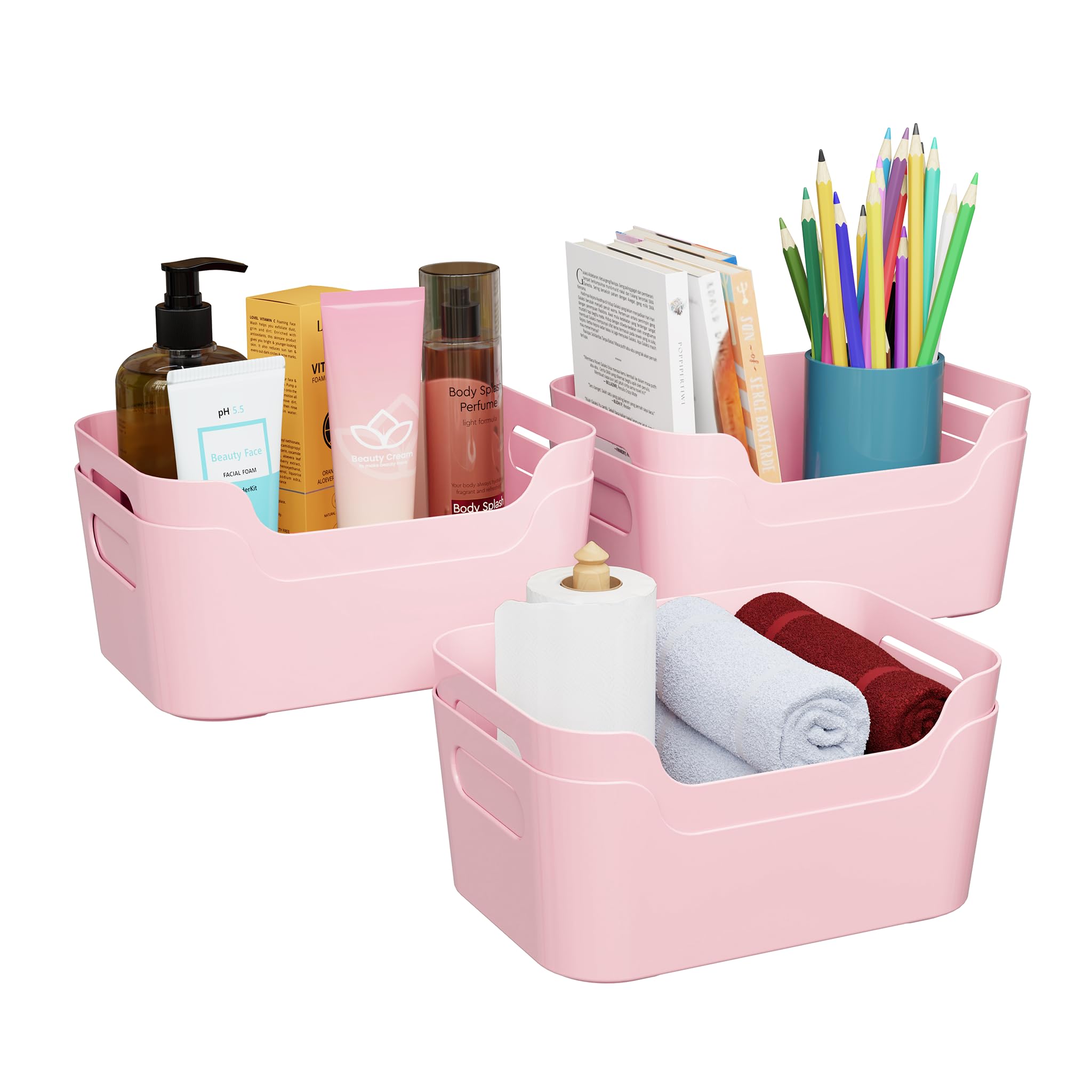 TEX-RO Storage Box and Organiser/Storage Organiser/Organizer Storage Box for Home & Kitchen/Durable Storage Basket & Plastic Basket for Storage (Pack of 6, Light Pink)