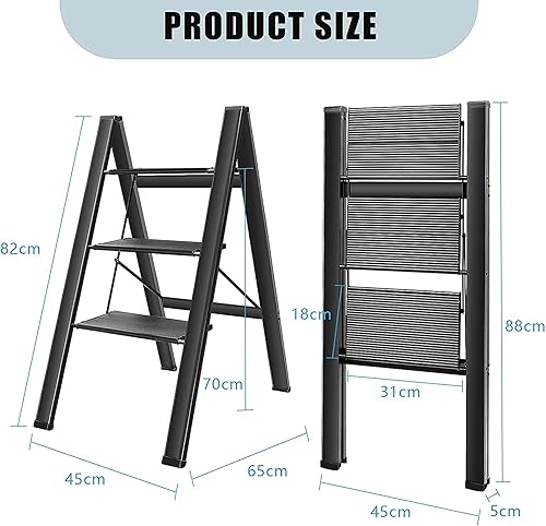 Miniatura 6 de Comft Escalera de 3 escalones, aluminio resistente y ligero, pedal ampliado, almohadilla antideslizante para el pie, multifuncional, plegable,