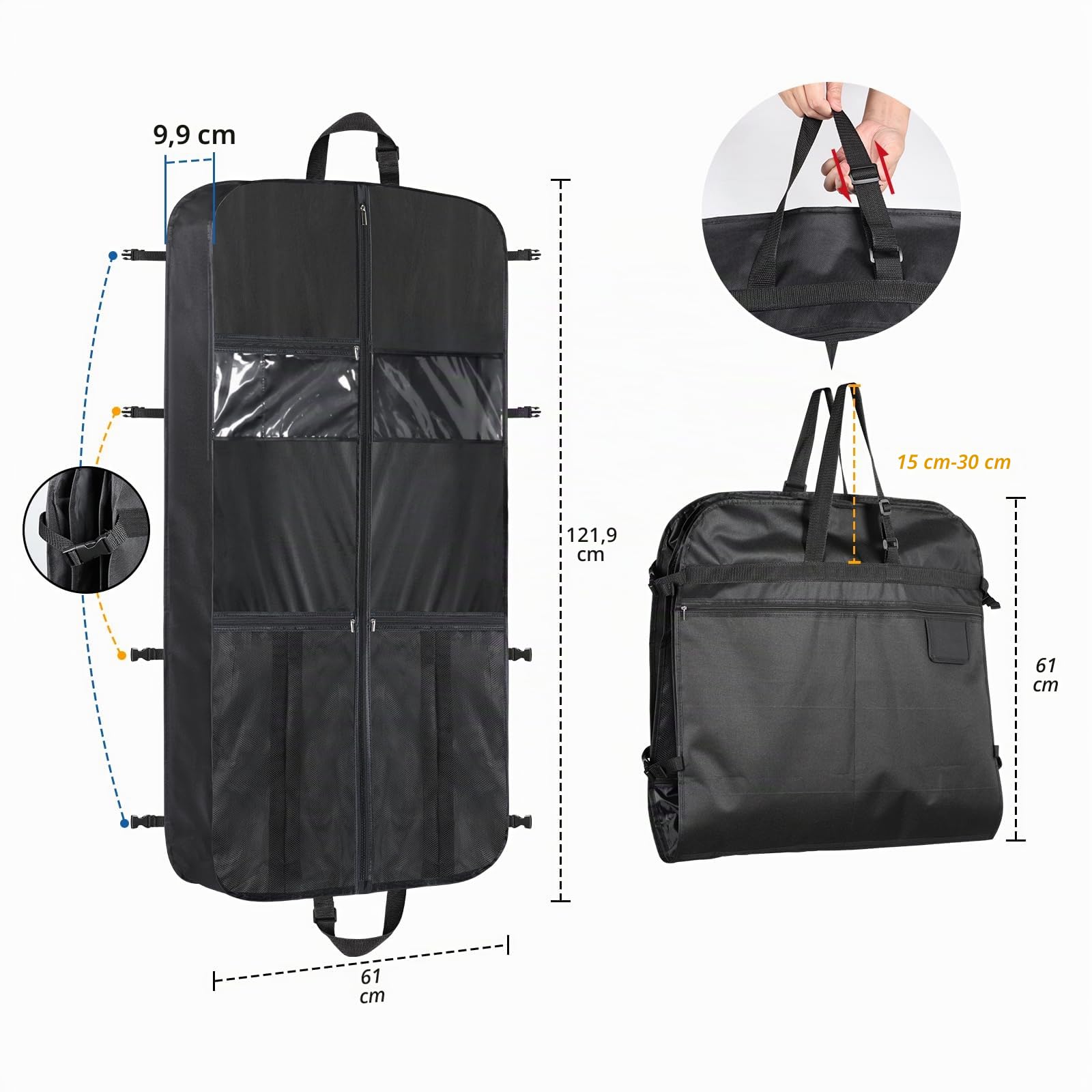 Univivi Grande sacco appendiabiti da uomo, 120 cm, con 5 tasche con chiusura lampo, borsa per abiti corta con maniglia regolabile, da viaggio, impermeabile