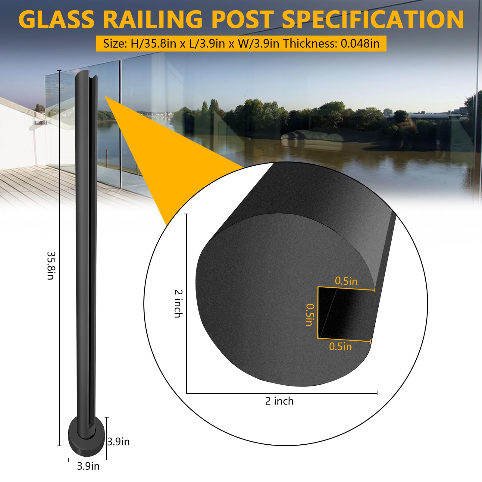 Glass Balustrade Black Square Glass Railing Post System - Stainless - View #2
