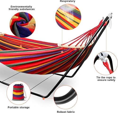 Hammock with Stand, Double Cotton Hammock with Adjustable Steel Frame & Spreader Bar for Garden/Backyard/Travel, Includes Carry Bag, 2 Hooks & Ropes, Easy Assembly - Red - 2