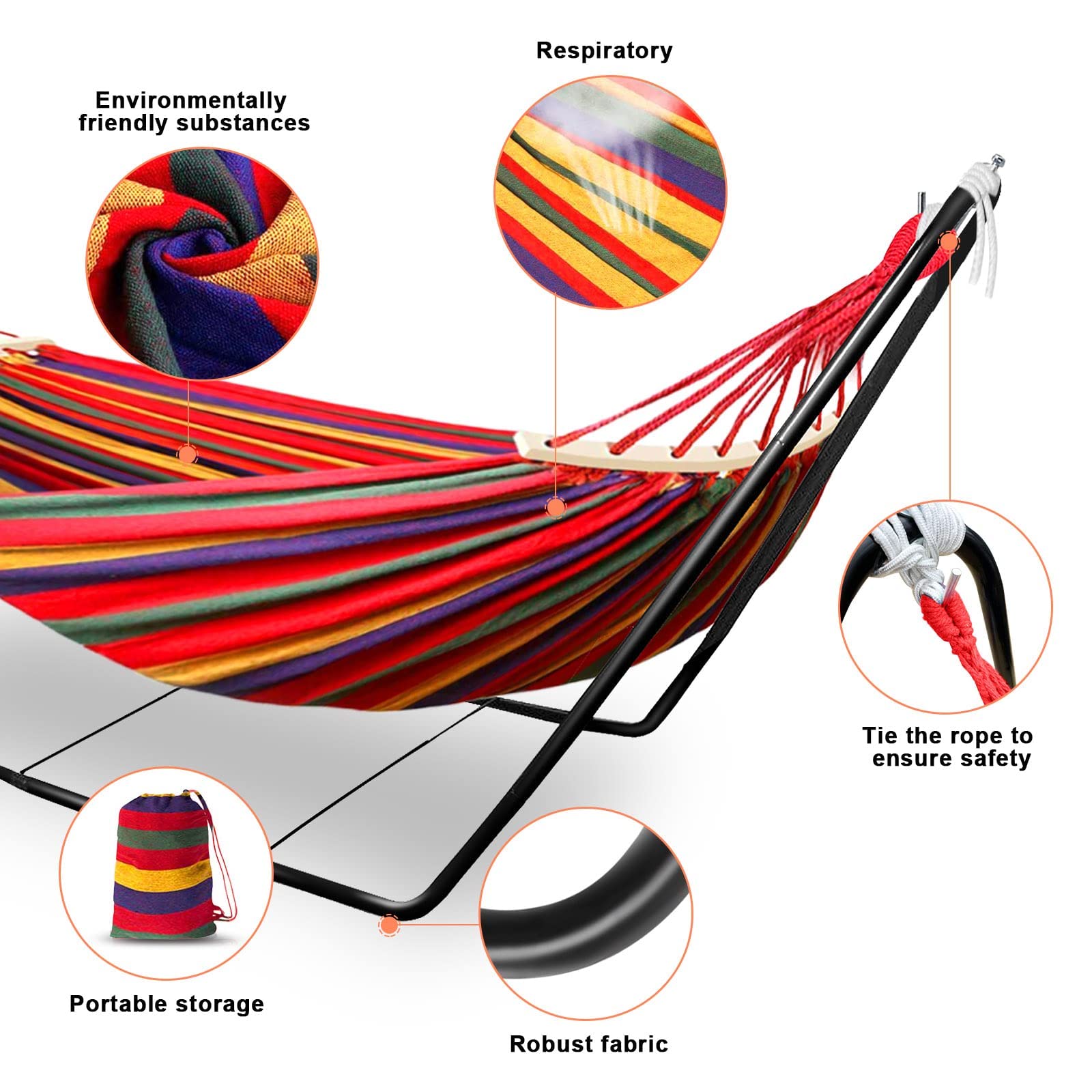 Hamacs de jardin avec support, hamacs d'extérieur en coton pour adultes 195 * 80 cm, hamacs doubles avec sac de transport, parfaits pour le camping, capacité de charge maximale de 300 lb (rouge)