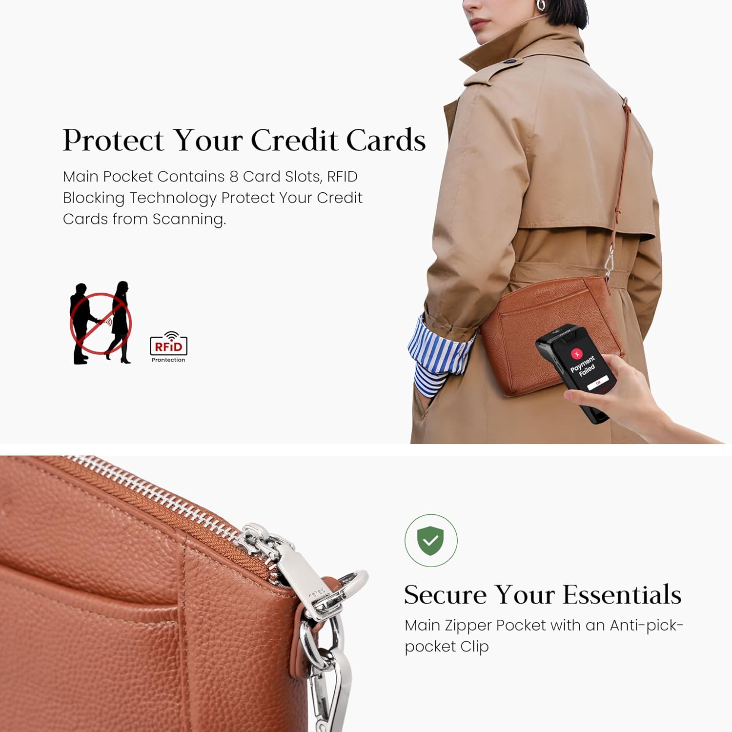 befen Genuine Leather Small Crossbody Bags for Women Anti-Theft Cross Body Purse Handbags with RFID Blocking Card Slots - Image 3