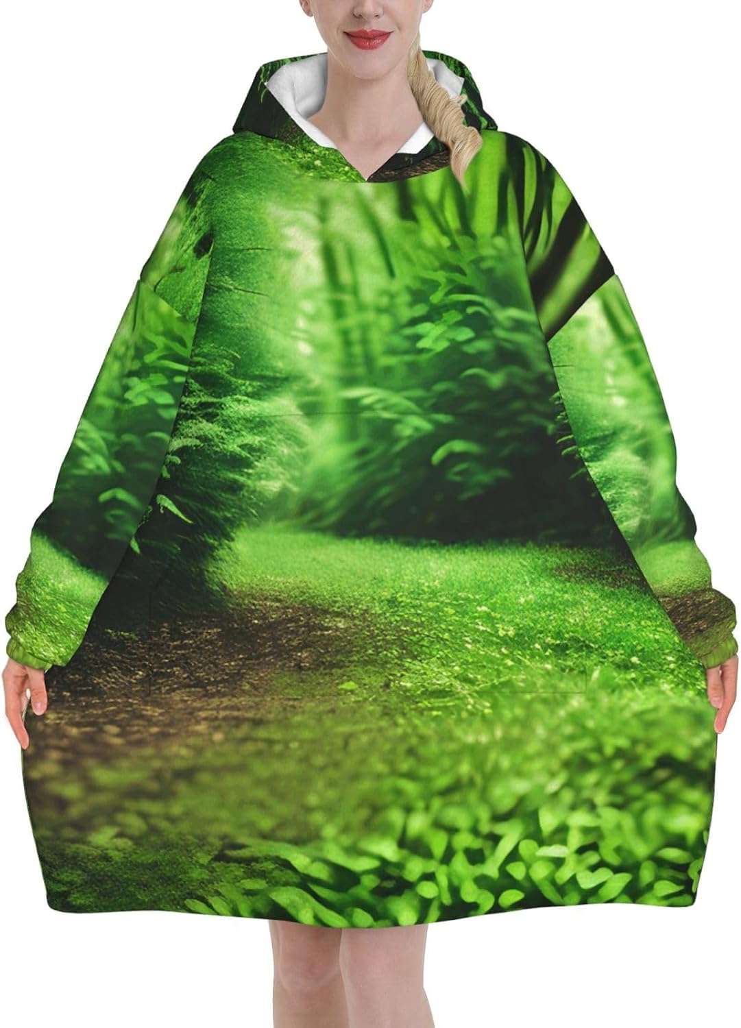 Green Natureprint Oversized Hoodie Blanket, Super Soft Warm Comfortable Hoodie, Wearable Blanket Adult