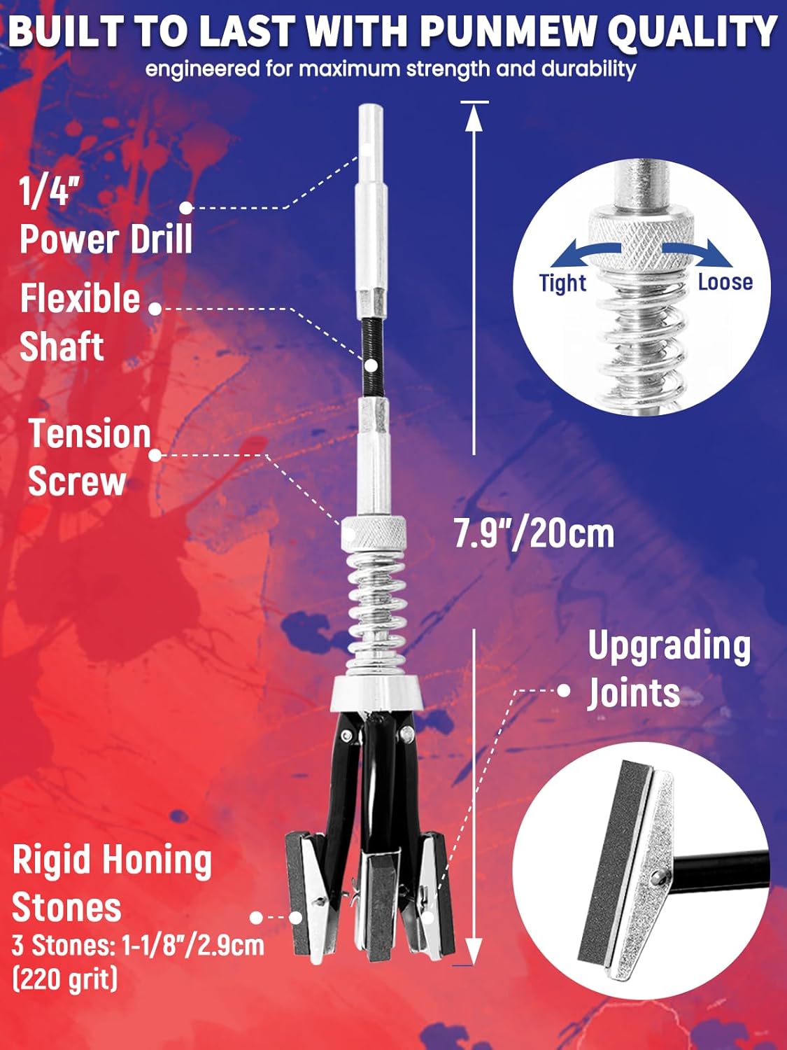 Engine Cylinder Hone Adjustable Deglazer 1-1/7" to 2-2/3" Diameter with 3 Extra 220 Grit 1-1/8" Long Stones