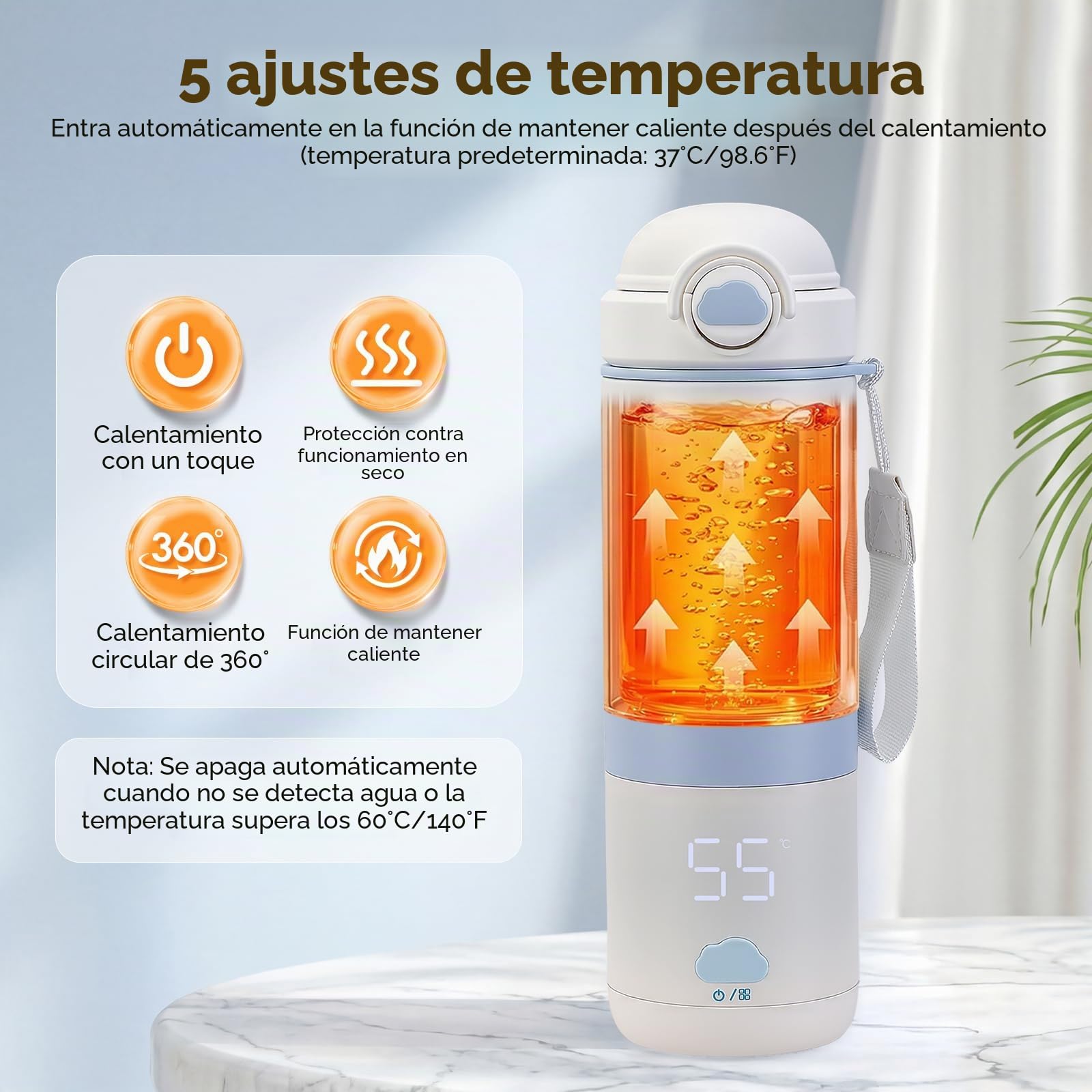 Calienta Biberones Portátil 13500mAh, 5 Temp, Acero 316, Pantalla Calentador de botellas de viaje | Sin BPA, mantiene calor, antiderrames, calentamiento 360°, fácil limpieza, apagado automático, 24-30h, USB-C, viaje/coche