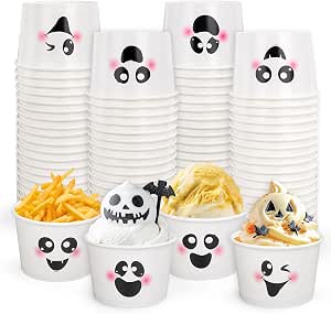 Whaline 48-Pack Halloween Ghost Snack Cups – 9 oz Disposable Paper Bowls