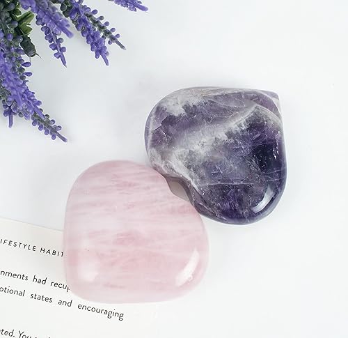 Crocon 2 piezas de cristal de 1.969 in, amatista y cuarzo rosa, (juego de 2) piedras curativas para el corazón chakra, cristal en forma de corazón,