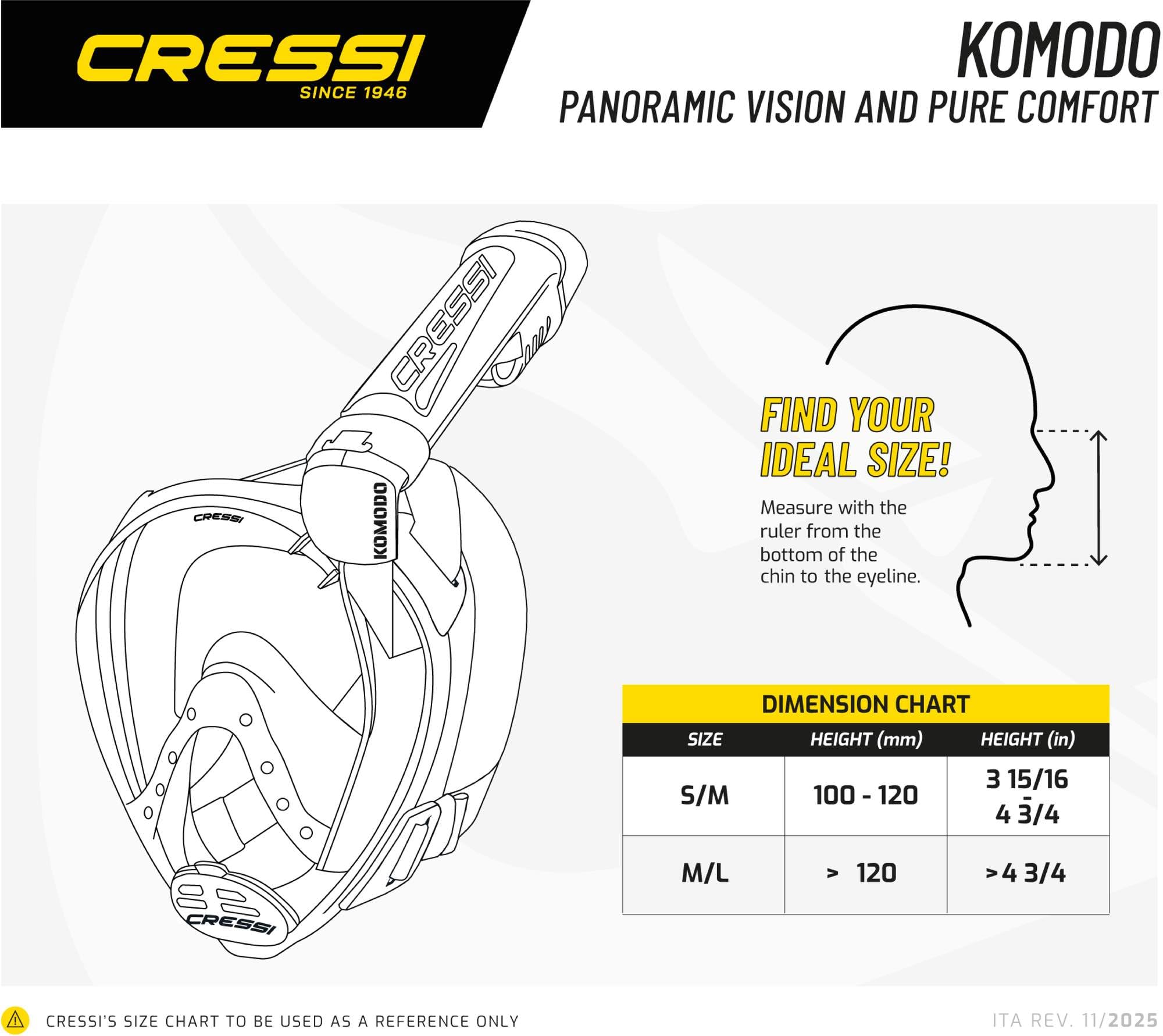 CRESSI since 1946 - Komodo Full Face Dry Snorkelling Mask 180° Vision - CO2 Safe - 100% Anti Fog Silicone - Side Snorkel - Adjustable Elastic Straps - Black/Black - S/M