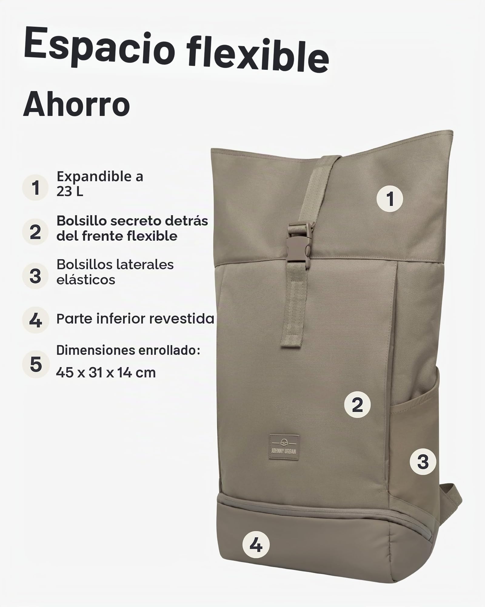 Johnny Urban Mochila Enrollable Mujer Hombre Gris - Allen Large - Grande Bolso para Escolar, Universidad, Trabajo - Compartimento para Portátil - Repelente al Agua