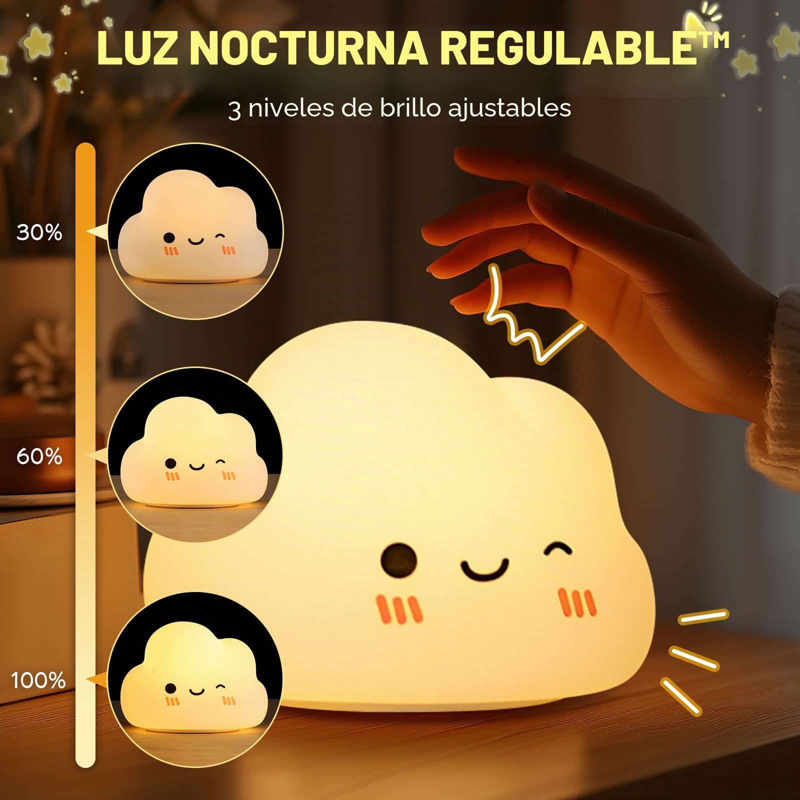 Luz Nocturna Infantil Control Táctil Recargable 7 Colores 3 Brillo Lampara Bebe Noche Nube