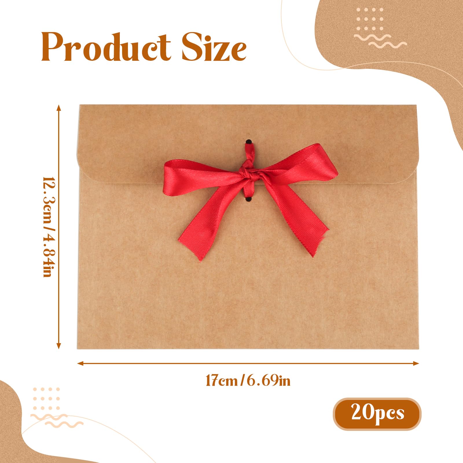 20 Pcs Brown Kraft Paper Envelopes with Ribbon, Vintage Bow for Invitations Greeting Cards, Festival Cards (17 x 12.3cm) - Image 2